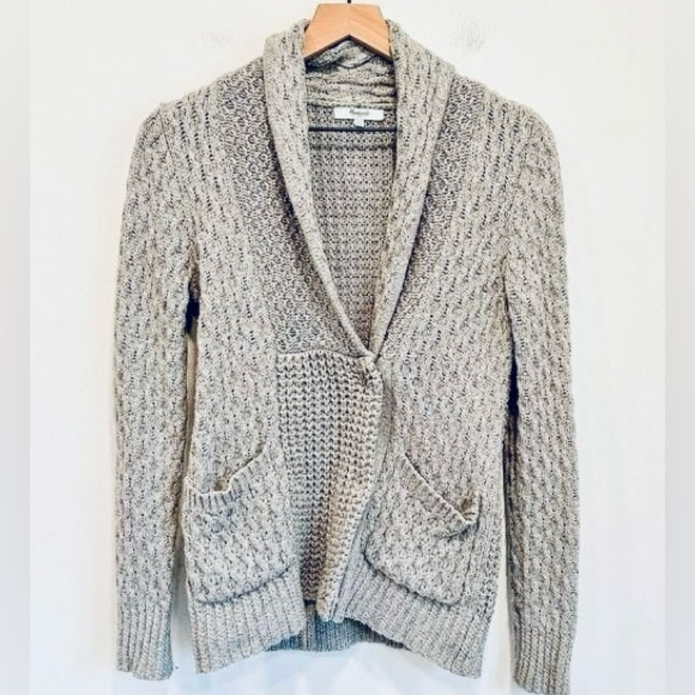 Madewell Women's Small Gray Shawl Collared Chunky Knit Snap Cardigan Sweater